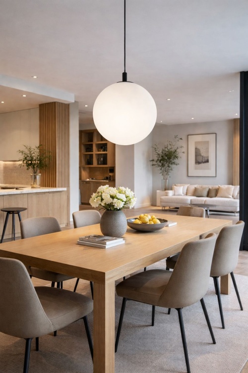 Lampa kula nad stołem w jadalni – biała szklana lampa wisząca do nowoczesnego salonu i jadalni