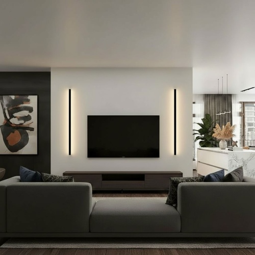 Kinkiety LED Linia w salonie przy TV