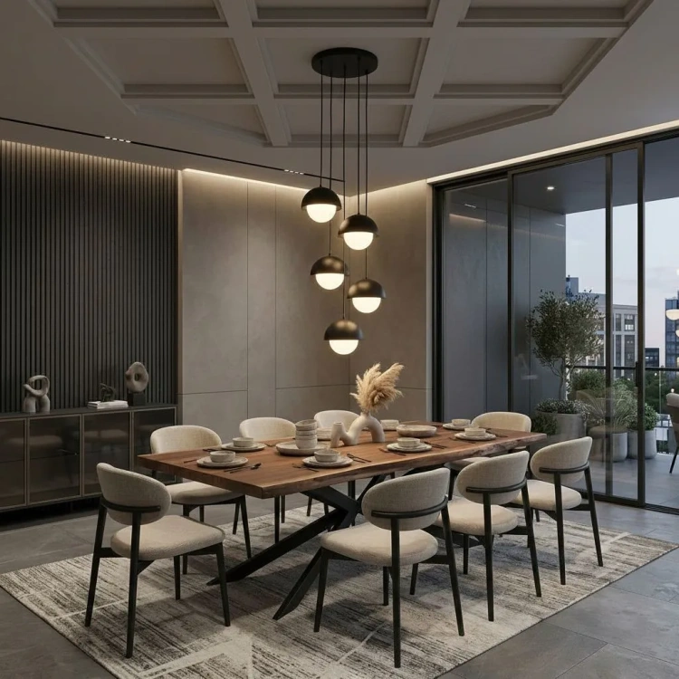 Nowoczesna lampa wisząca z pięcioma kulami nad stołem w jadalni w nowoczesnym wnętrzu z dużymi oknami.