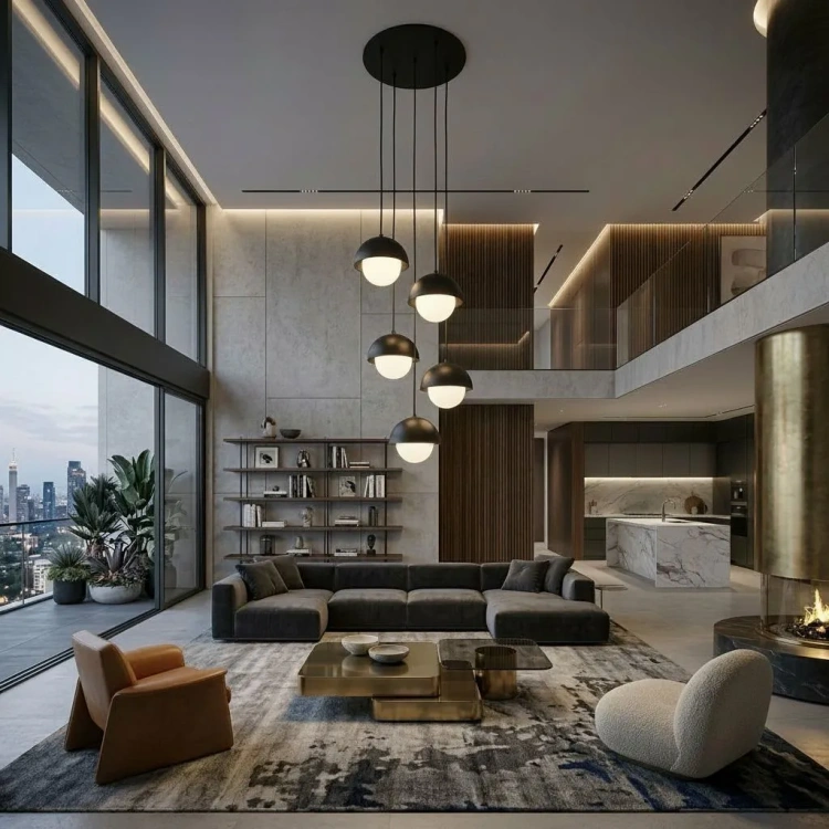 nowoczesna lampa wisząca z pięcioma kulistymi kloszami w salonie z wysokim sufitem i antresolą