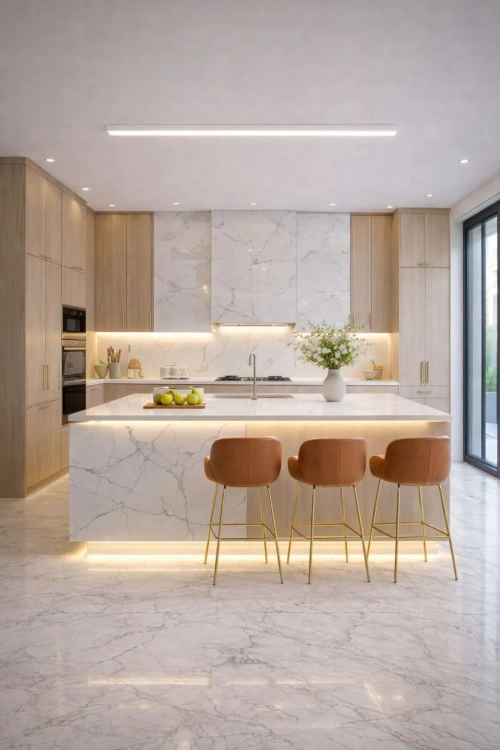 nowoczesna biała lampa liniowa LED nad wyspą kuchenną w jasnej nowoczesnej kuchni z marmurową podłogą i marmurowym blatem.