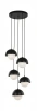 lampa wisząca z pięcioma kulistymi kloszami na czarnych przewodach nowoczesna lampa sufitowa.