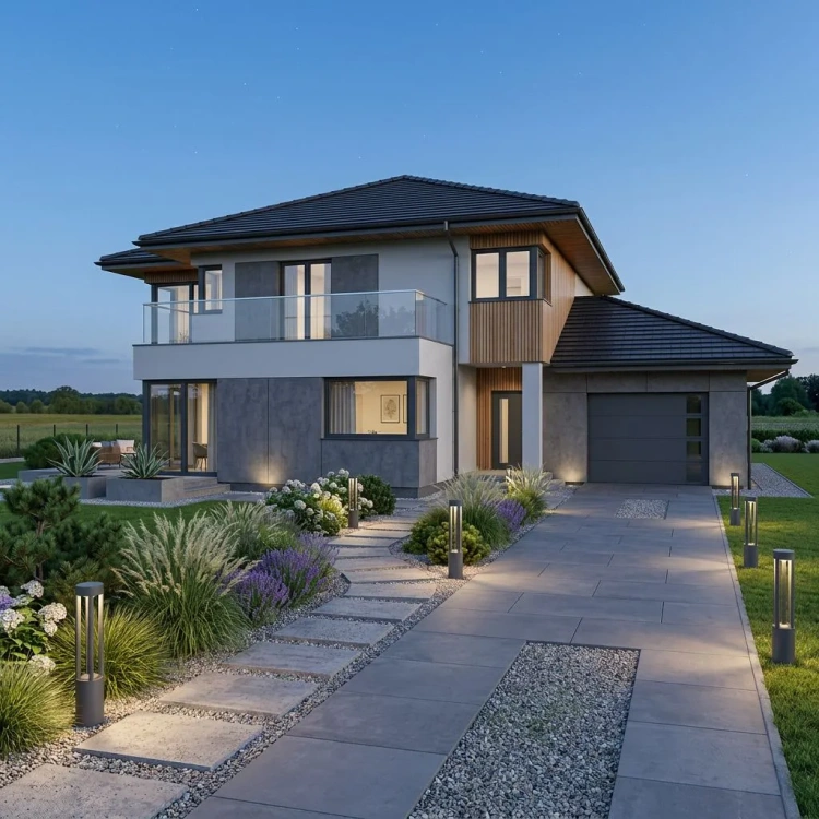 Lampy ogrodowe od 4FunDesign oświetlające podjazd do domu.