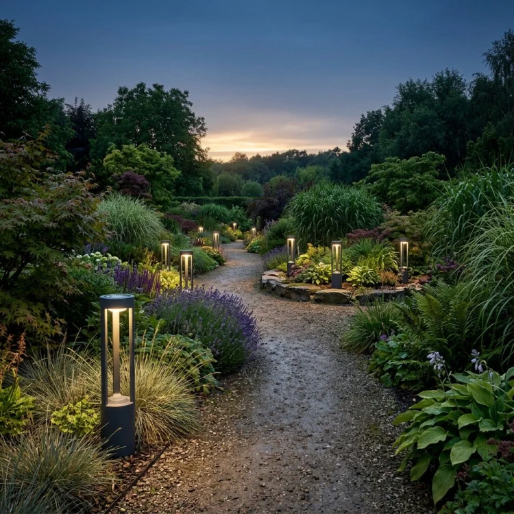 ogród oświetlony lampami ogrodowymi dostępnymi w sklepie 4FunDesign.com