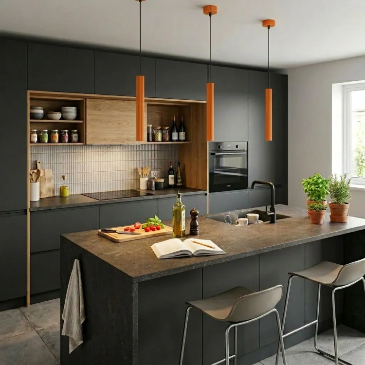 Lampy wiszące Arcus bright orange nad wyspą kuchenną