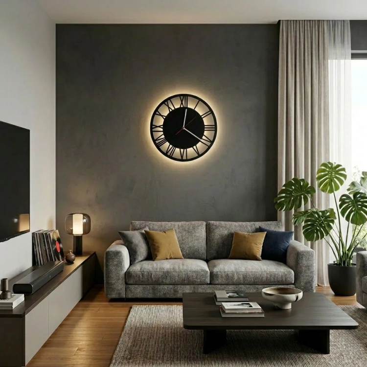 Podświetlany ścienny zegar rzymski w salonie