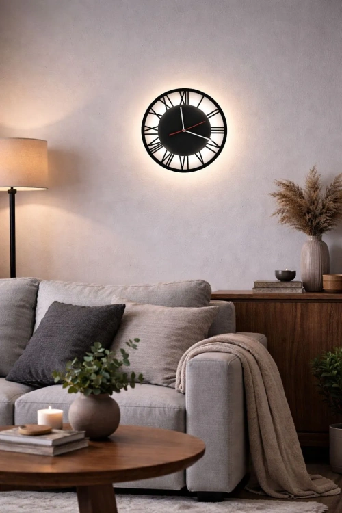 Podświetlany zegar ścienny w salonie