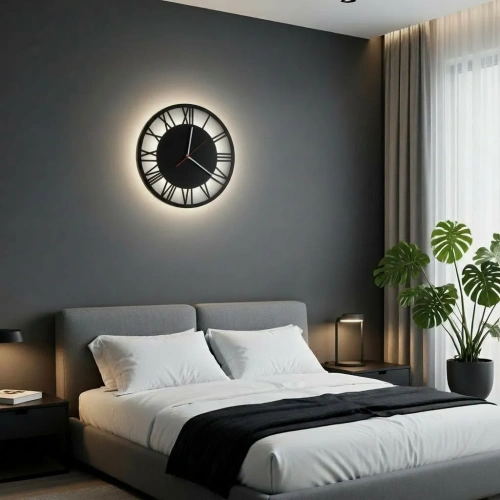 Podświetlany ścienny zegar rzymski w sypialni