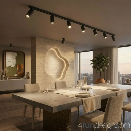 Oświetlenie szynowe w nowoczesnej jadalni.