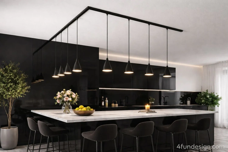 Szynoprzewody z lampami Stożek jako oświetlenie nowoczesnej kuchni od 4fundesign.com