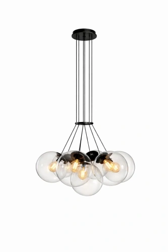 lampa wisząca z siedmioma szklanymi kulami na czarnych przewodach nowoczesne oświetlenie sufitowe.