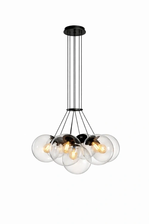 lampa wisząca z siedmioma szklanymi kulami na czarnych przewodach nowoczesne oświetlenie sufitowe.