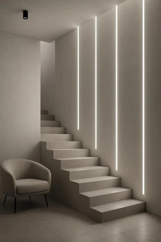 Oświetlenie schodowe LED w formie pionowych, białych linii podtynkowych zamontowanych na ścianie, doświetlających stopnie.
