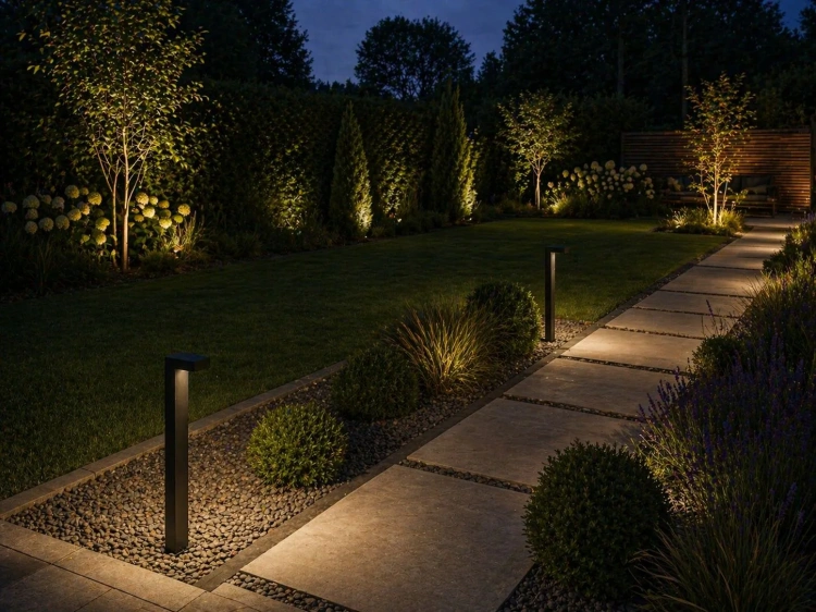 Lampy Oskar oświetlające ogród