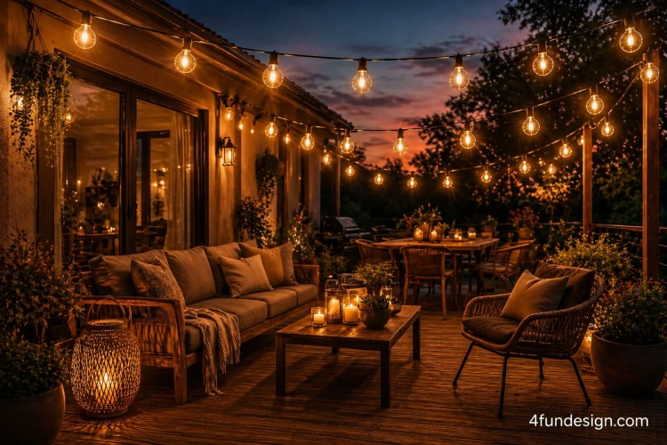 Taras oświetlony girlandą.