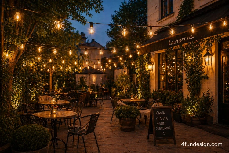 Ogródek kawiarni oświetlony girlandami