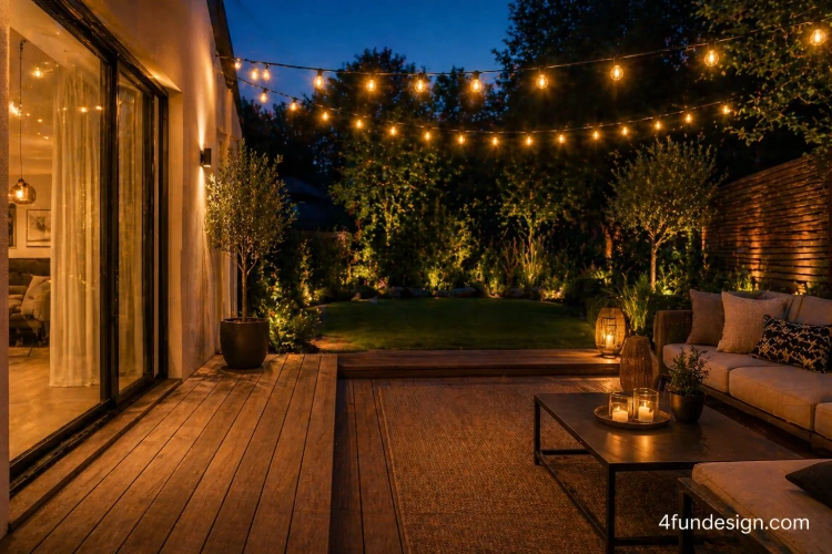 Girlanda żarówek oświetlająca taras