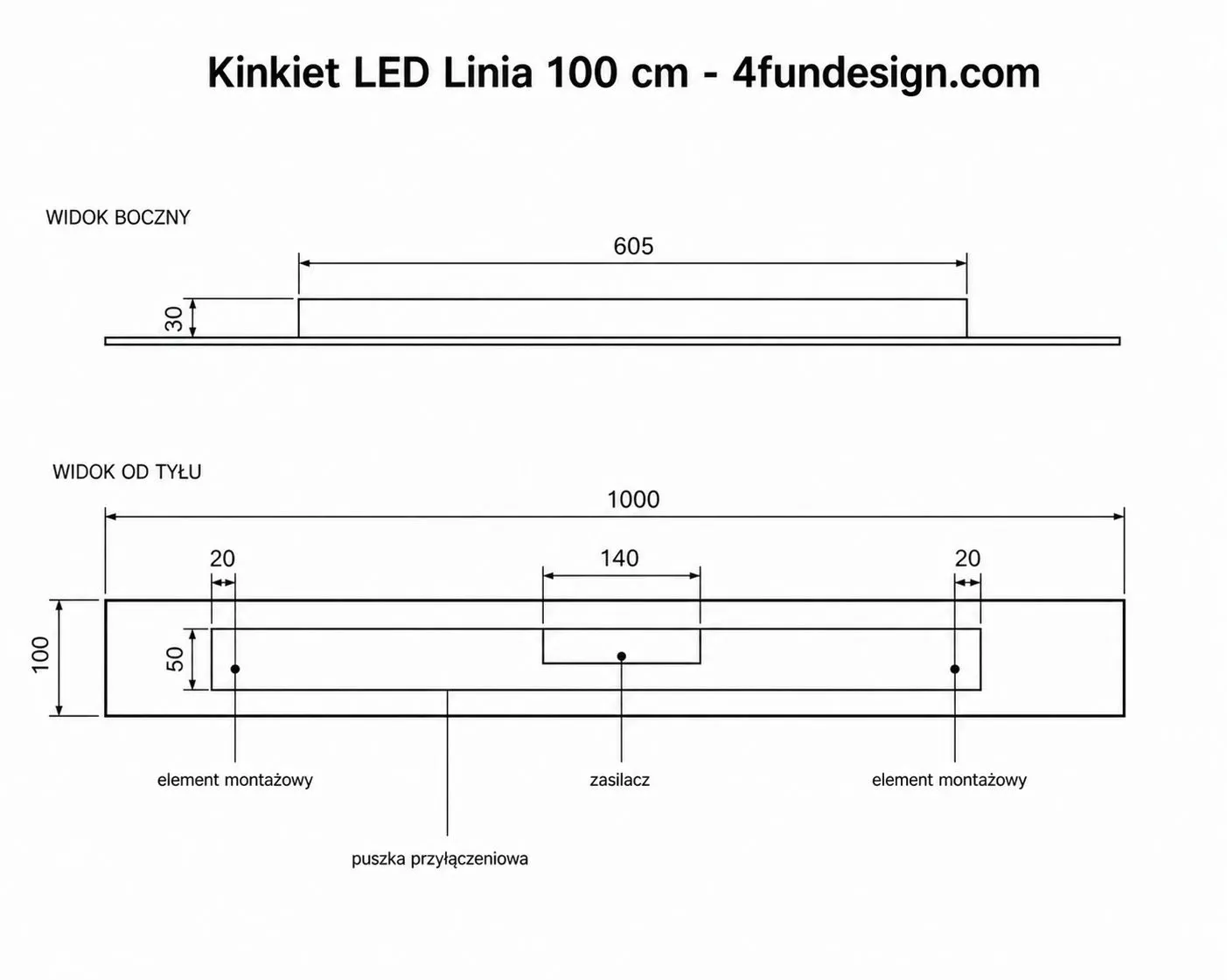 Kinkiet LED Linia 100 cm rysunek techniczny
