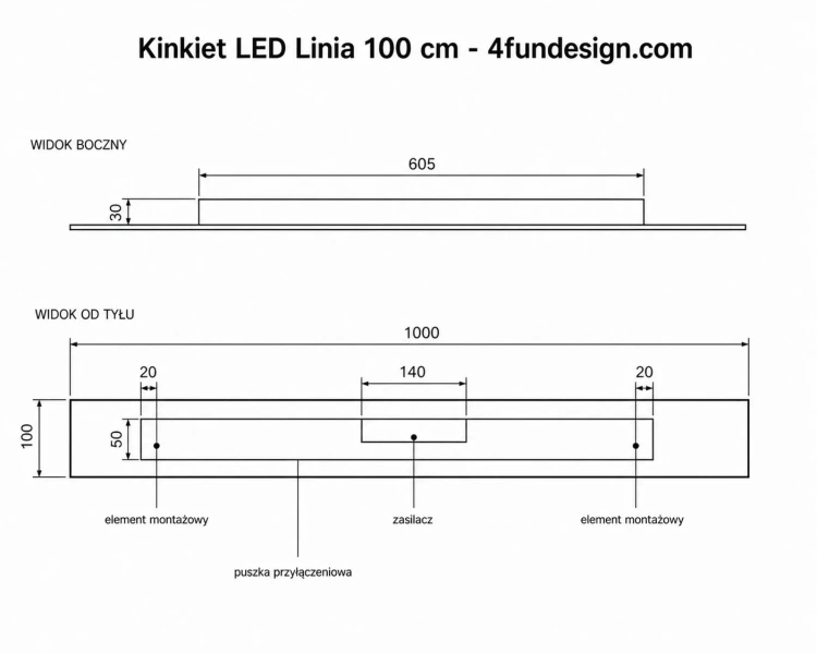 Kinkiet LED Linia 100 cm rysunek techniczny