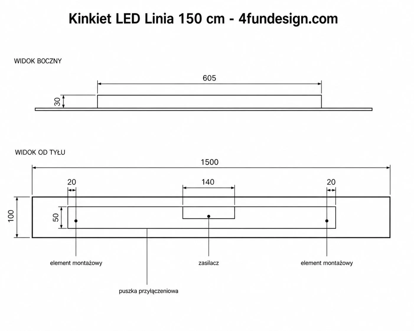 Kinkiet LED Linia 150 cm rysunek techniczny
