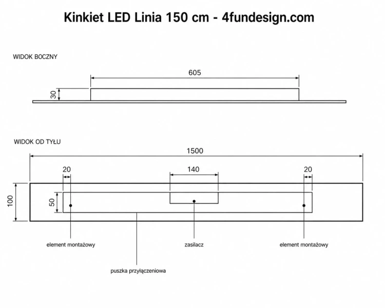 Kinkiet LED Linia 150 cm rysunek techniczny