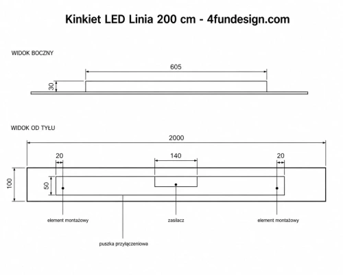 Kinkiet LED Linia 200 cm rysunek techniczny