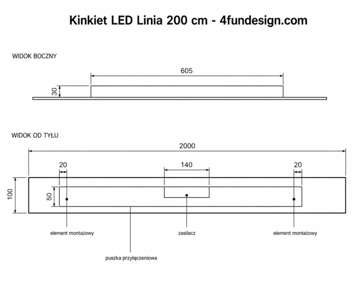 Kinkiet LED Linia 200 cm rysunek techniczny
