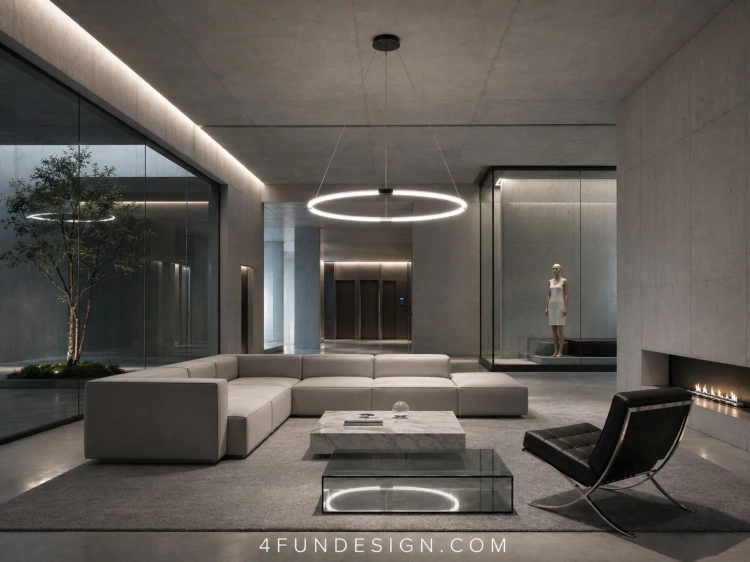 Nowoczesny salon w surowym modernistycznym stylu oświetlony lampą LED Ring silicone
