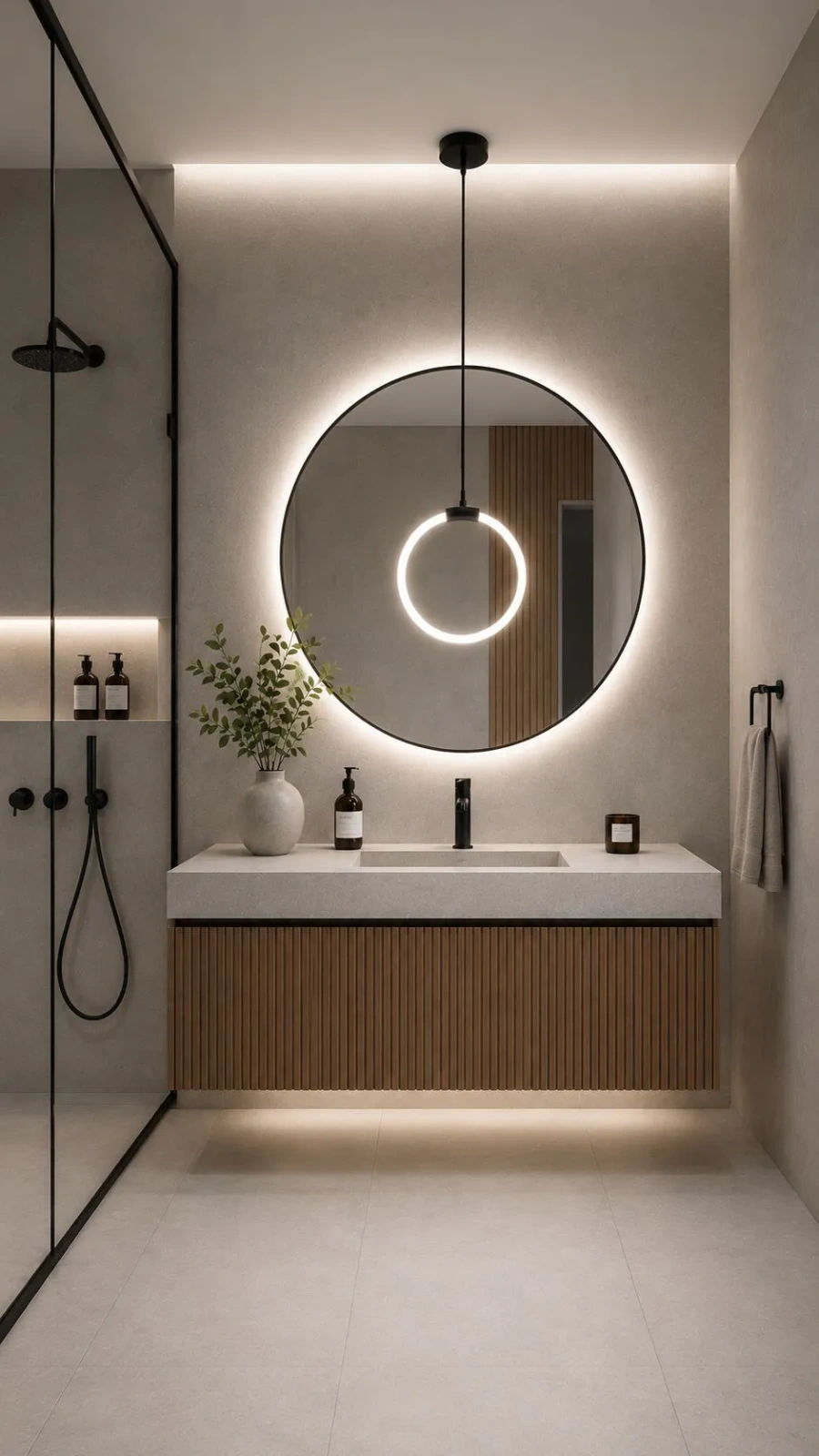 Lampa wisząca LED Orbit w łazience przed lustrem