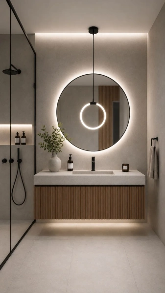 Lampa wisząca LED Orbit w łazience przed lustrem