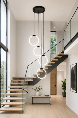 Nowoczesna designerska lampa wisząca LED orbit w przedpokoju przy schodach