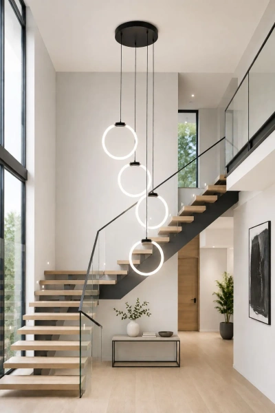 Nowoczesna designerska lampa wisząca LED orbit w przedpokoju przy schodach