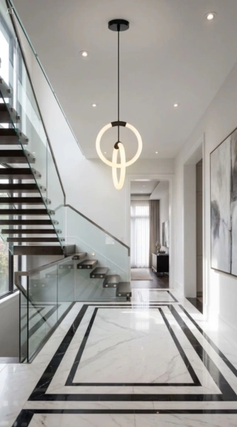 Lampa wisząca Orbit Duo w nowoczesnym przedpokoju.