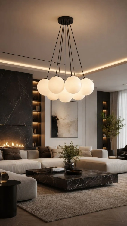 Lampa wisząca z siedmioma kulami w nowoczesnym salonie