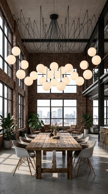 Lampa wisząca Pajak 24 w salonie w stylu industrialnym