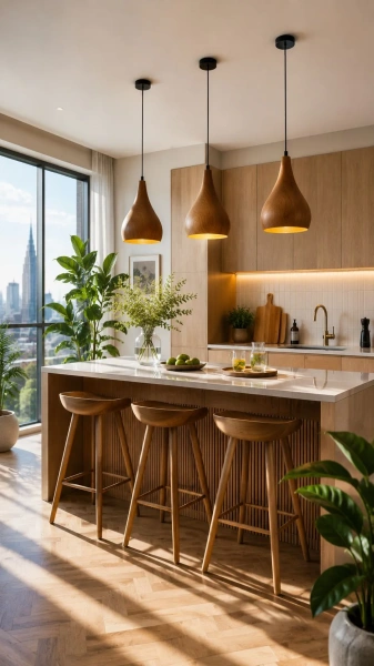 Lampa wisząc Teak nad wyspą kuchenną