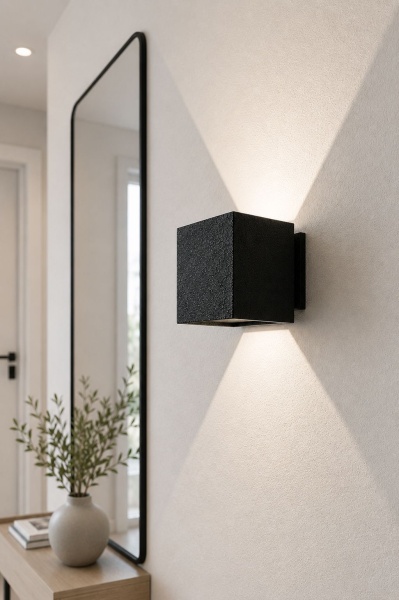 Kinkiet Cube black na ścianie przy lustrze