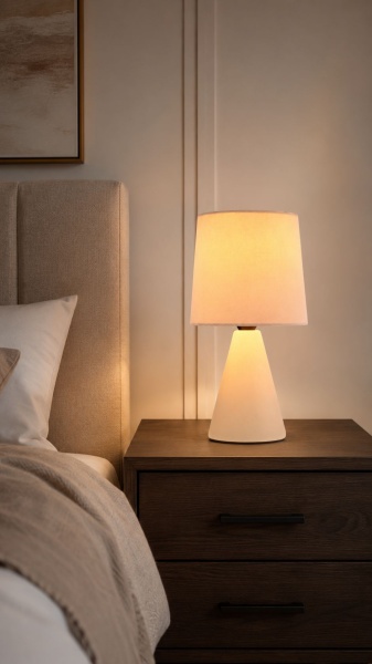 Lampka nocna Satti beżowa na szafce nocnej.