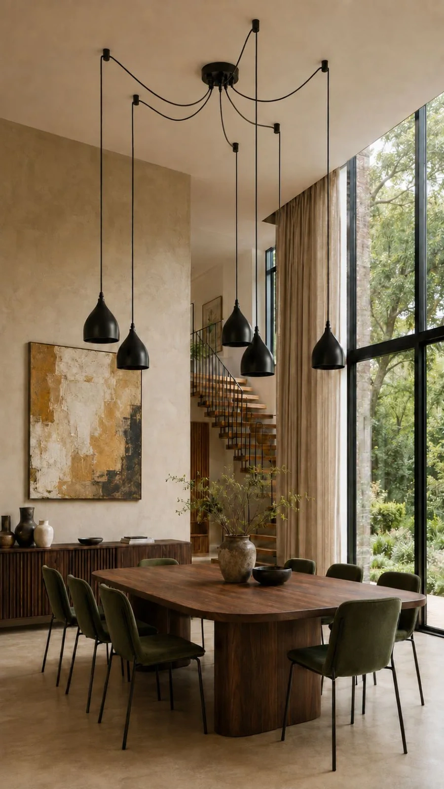 Lampa Pająk z 5 metalowymi kloszami w jadalni