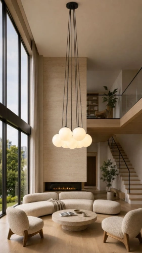 Lampa wisząca z siedmioma kulami w wysokim salonie