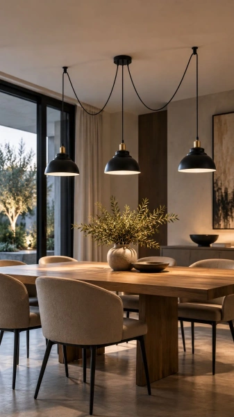 Elegancka jadalnia z potrójną lampą wiszącą