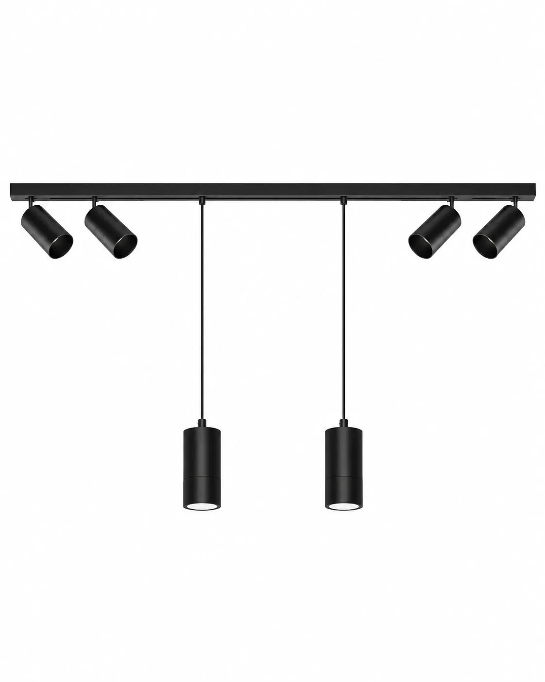 Czarna lampa sufitowa z reflektorami i zwisami