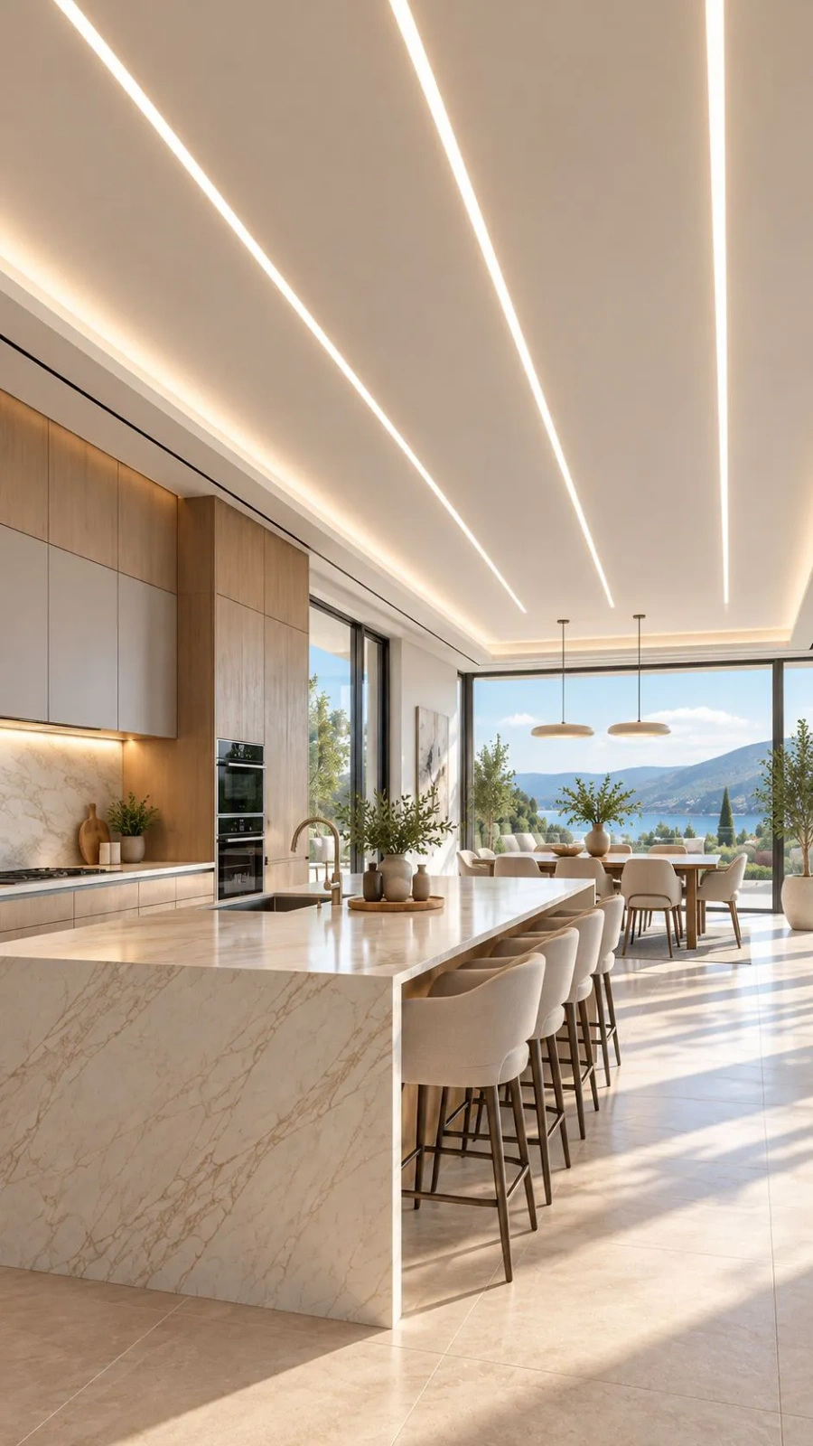 Linie LED Prestige w nowoczesnej kuchni z jadalnią