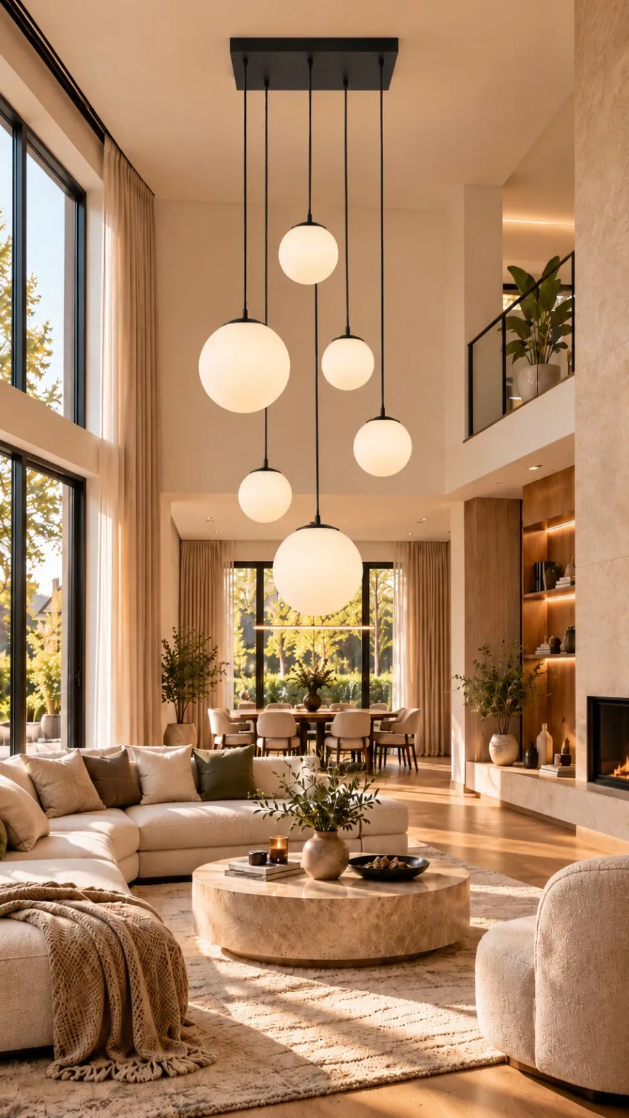 Luksusowy salon z dużą lampą wiszącą