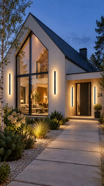 Kinkiety zewnętrzne LED Linia na jasnej elewacji domu modern barn – czarne pionowe lampy przy wejściu i dużym przeszkleniu